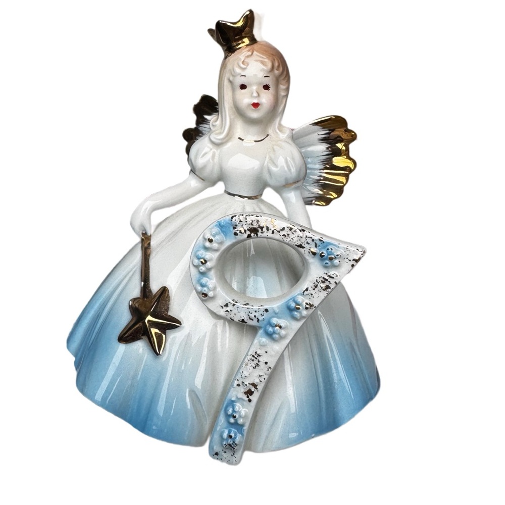 Jiaef Original Ceramic Angel Figurine with Number 9-Blue and Gold